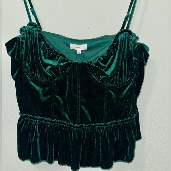 NWT a loves a "EDEN" Forest Green Velvet Bustier Spaghetti Strap Ruffle Top L - Picture 3 of 9